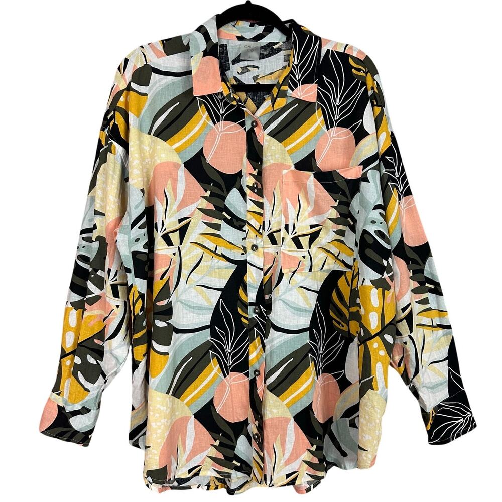 Calia by Carrie Underwood Multi Palm Print Button Down Linen Blend Size Large